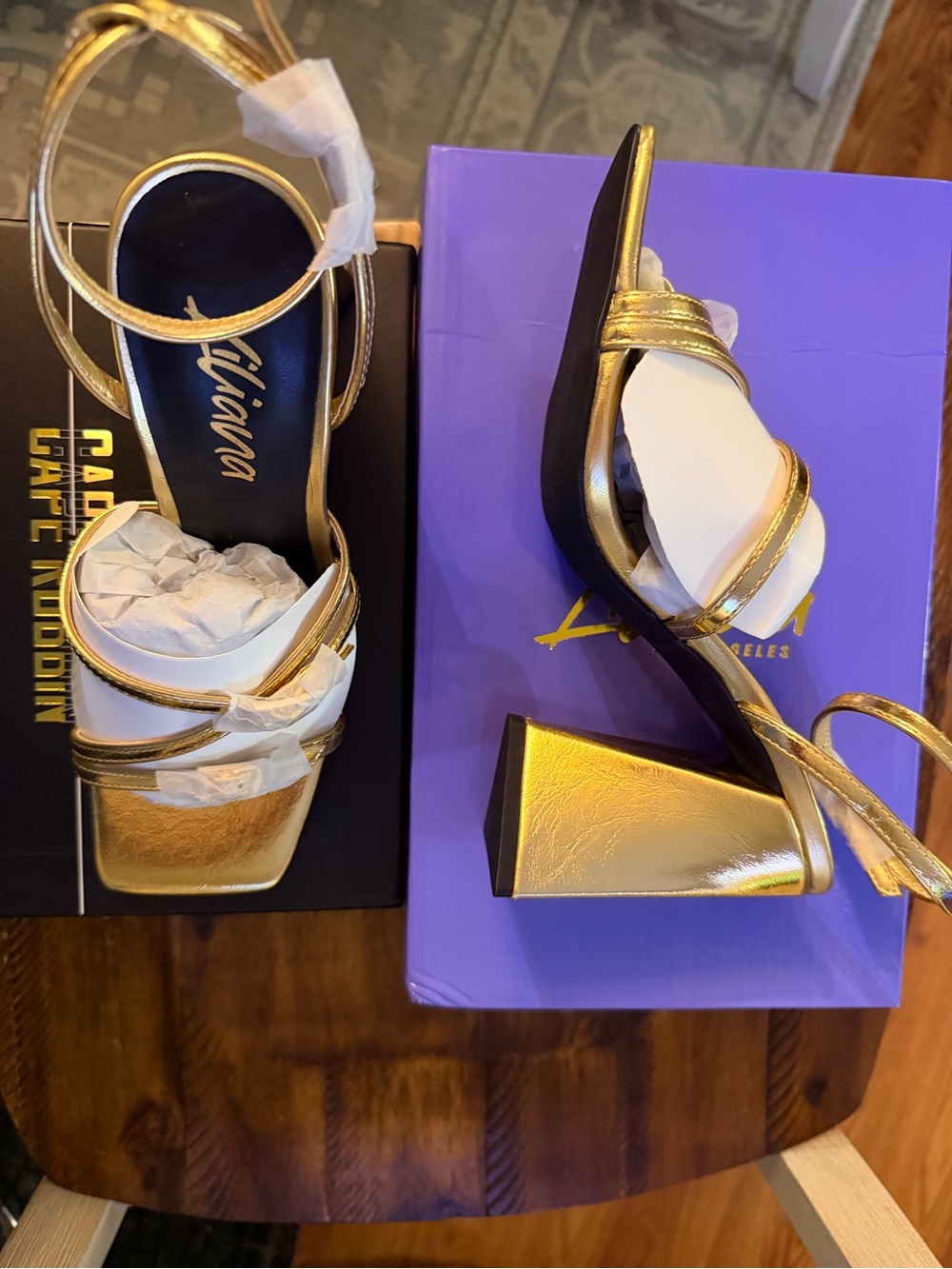 Liliana Gold Metallic Strappy Block Heel Sandals Size 7